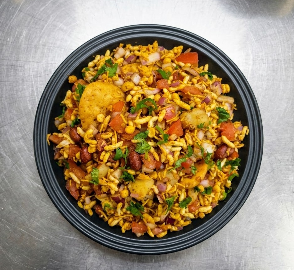 Bhel Puri - puffed rice chaat with sev, potatoes and tangy chutneys at Chatkhara By Krishna in downtown Edmonton, AB